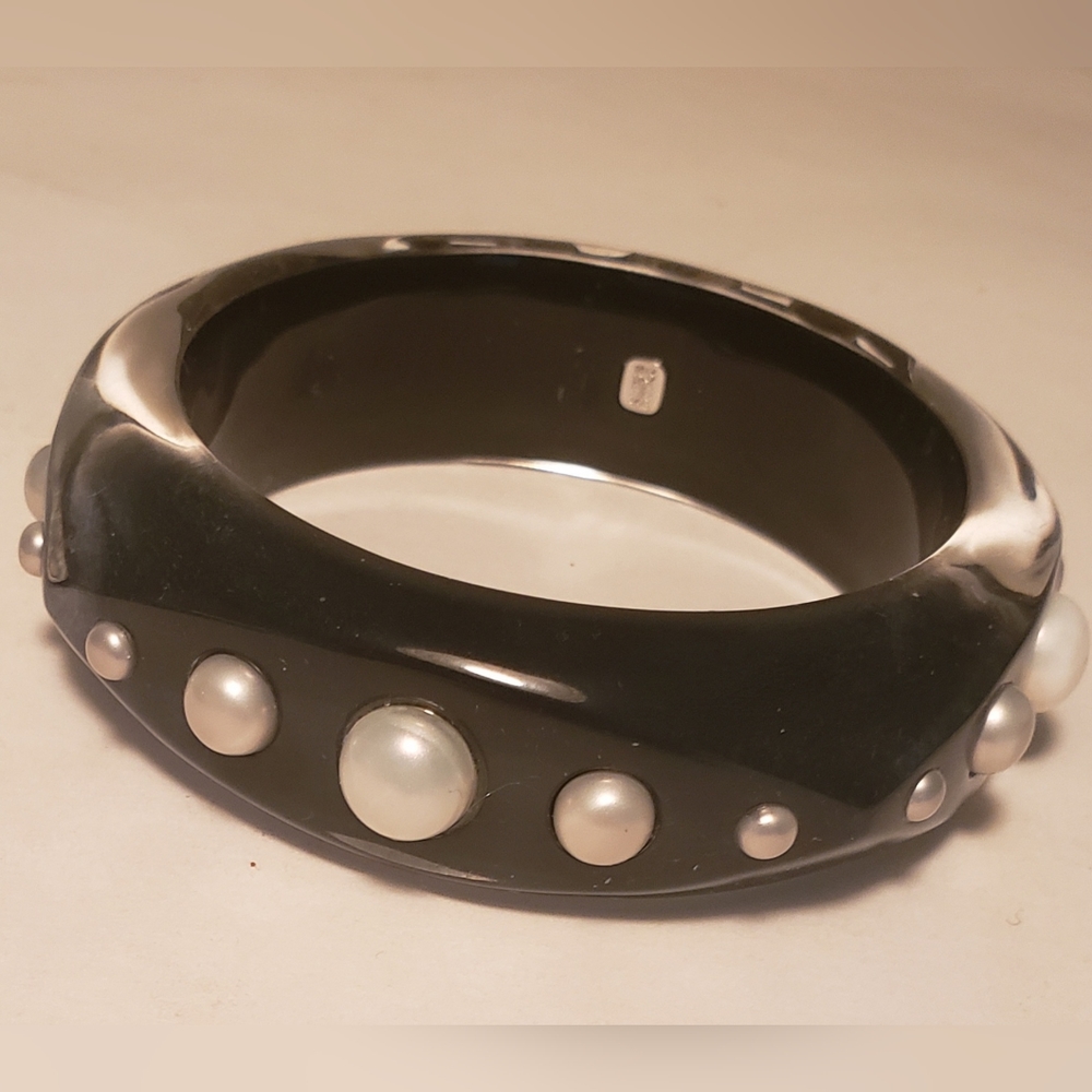 Alexis Bittar Wide Black Lucite White Crystal Bangle Bracelet